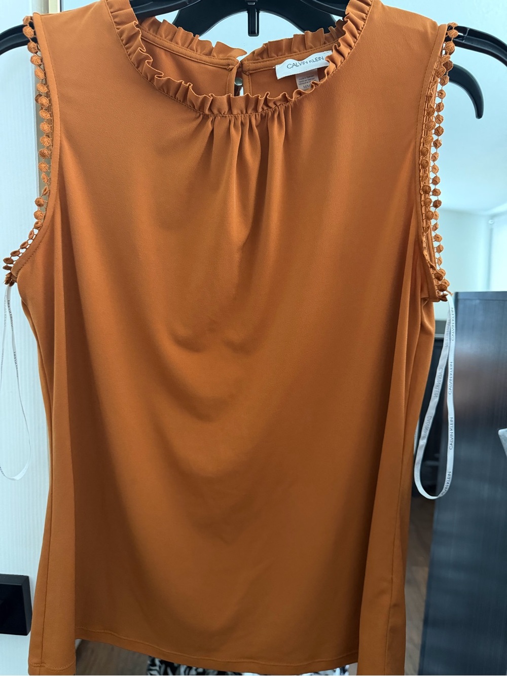 Calvin Klein Sleeveless Ruffle Neck Camisole in Rust